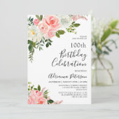 ロマンティック ブラッシュ ピンク ローズ フローラル 100歳の誕生日 招待状 (スタンド正面)