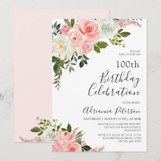 ロマンティック ブラッシュ ピンク ローズ フローラル 100歳の誕生日 招待状 (正面/裏面)