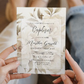 ロマンティック ベージュ ピオニー フラワー ヴィンテージ ガール 洗礼 招待状