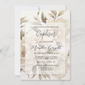 ロマンティック ベージュ ピオニー フラワー ヴィンテージ ガール 洗礼 招待状 (正面)