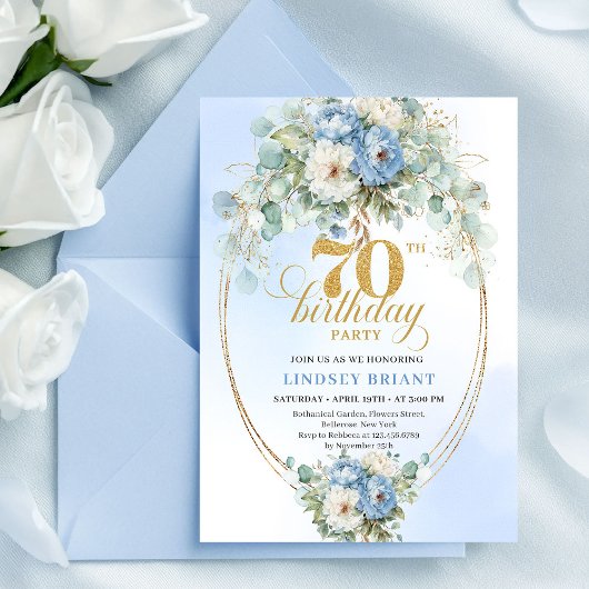 ロマンティック ボヘミアン ライトブルーの花 70歳の誕生日 招待状