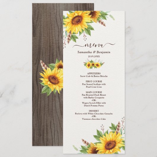 ロマンティック ボーホー ひまわり ウェディング メニュー カード (正面/裏面)