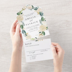 ロマンティック ミューテッド フローラル リース ボタニカル ウェディング オールインワン招待状
