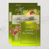 ロマンティック モノグラム / ポッピーズ ピンク、グリーン、イエロー トパーズ 招待状 (正面/裏面)