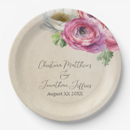 ロマンティック ラスティック ピンク & ホワイト ラナンキュラス ペーパープレート