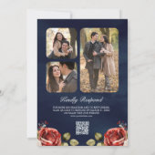 ロマンティック レッド ローズ フラワー ネイビー QRコード ウェディング 招待状 (裏面)