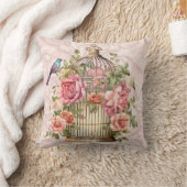 ロマンティック ヴィンテージ 水彩 フラワーバードケージ クッション (ブランケット)