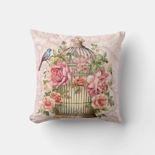 ロマンティック ヴィンテージ 水彩 フラワーバードケージ クッション (正面)