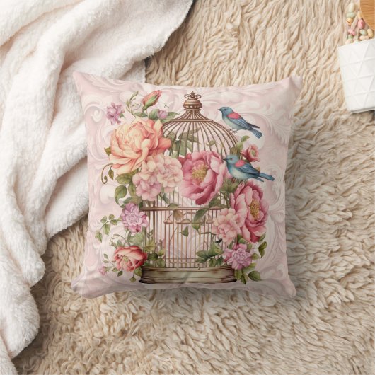 ロマンティック ヴィンテージ 水彩 フラワーバードケージ クッション (ブランケット)