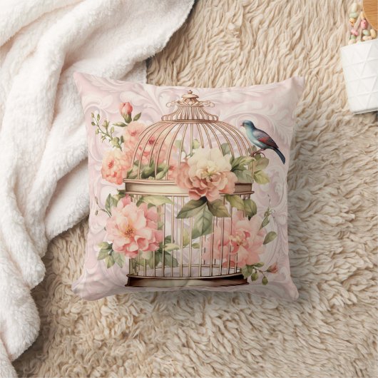 ロマンティック ヴィンテージ 水彩 フラワーバードケージ クッション (ブランケット)