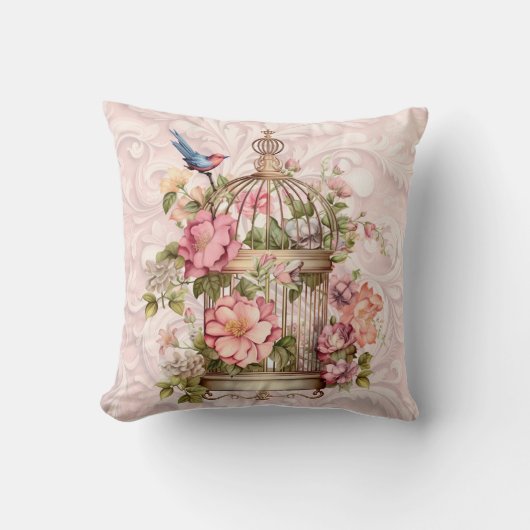 ロマンティック ヴィンテージ 水彩 フラワーバードケージ クッション (正面)