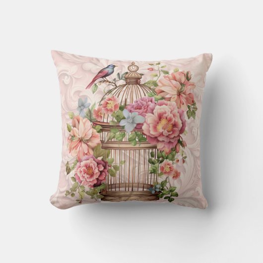 ロマンティック ヴィンテージ 水彩 フラワーバードケージ クッション (正面)