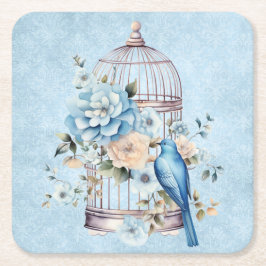 ロマンティック ヴィンテージ 水彩 フラワーバードケージ スクエアペーパーコースター