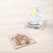 ロマンティック ヴィンテージ 水彩 フラワーバードケージ スクエアペーパーコースター (インサイチュ)