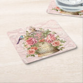 ロマンティック ヴィンテージ 水彩 フラワーバードケージ スクエアペーパーコースター (アングル)