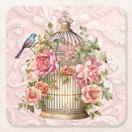 ロマンティック ヴィンテージ 水彩 フラワーバードケージ スクエアペーパーコースター