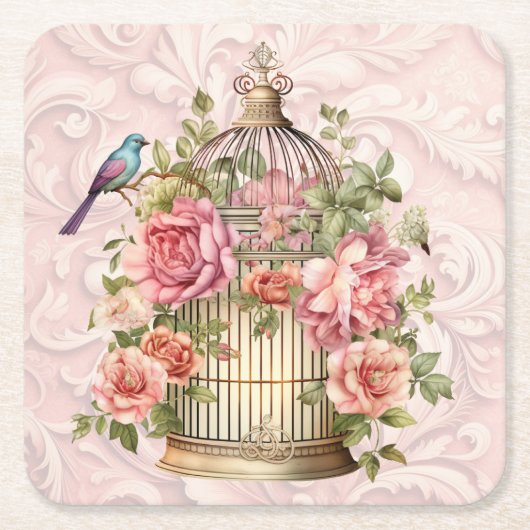ロマンティック ヴィンテージ 水彩 フラワーバードケージ スクエアペーパーコースター (正面)