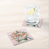 ロマンティック ヴィンテージ 水彩 フラワーバードケージ スクエアペーパーコースター (インサイチュ)