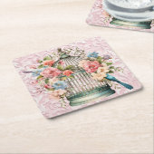 ロマンティック ヴィンテージ 水彩 フラワーバードケージ スクエアペーパーコースター (アングル)