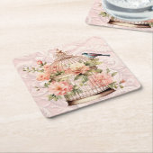 ロマンティック ヴィンテージ 水彩 フラワーバードケージ スクエアペーパーコースター (アングル)