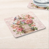 ロマンティック ヴィンテージ 水彩 フラワーバードケージ スクエアペーパーコースター (アングル)
