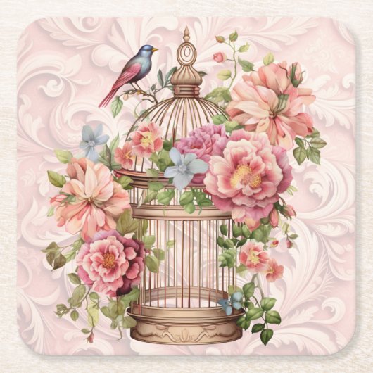 ロマンティック ヴィンテージ 水彩 フラワーバードケージ スクエアペーパーコースター (正面)
