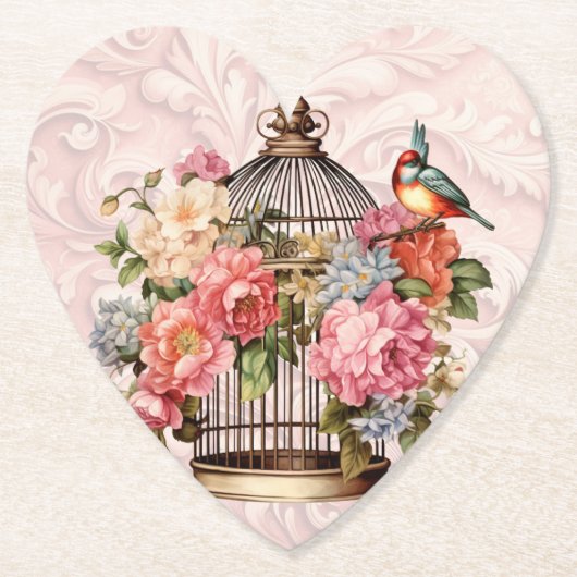 ロマンティック ヴィンテージ 水彩 フラワーバードケージ ペーパーコースター (正面)