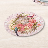 ロマンティック ヴィンテージ 水彩 フラワーバードケージ ラウンドペーパーコースター (アングル)
