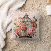 ロマンティック ヴィンテージ 水彩 フラワー 鳥かご クッション (ブランケット)