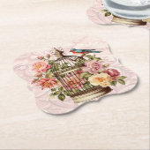 ロマンティック ヴィンテージ 水彩 フラワー 鳥かご ペーパーコースター (アングル)