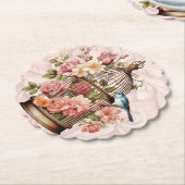 ロマンティック ヴィンテージ 水彩 フラワー 鳥かご ペーパーコースター (アングル)