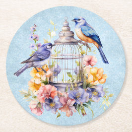 ロマンティック ヴィンテージ 水彩 フラワー 鳥かご ラウンドペーパーコースター