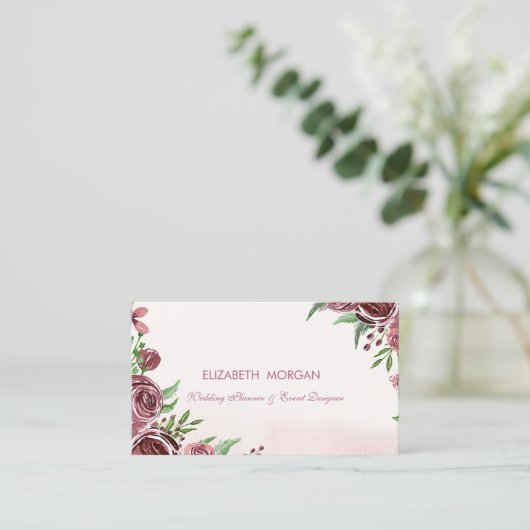 ロマンモダンエレガントティックな水彩花バラ 名刺 (スタンド正面)