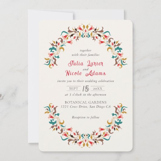 ロマンモダンエレガントティックフローラ結婚リースのインビ 招待状 (正面)