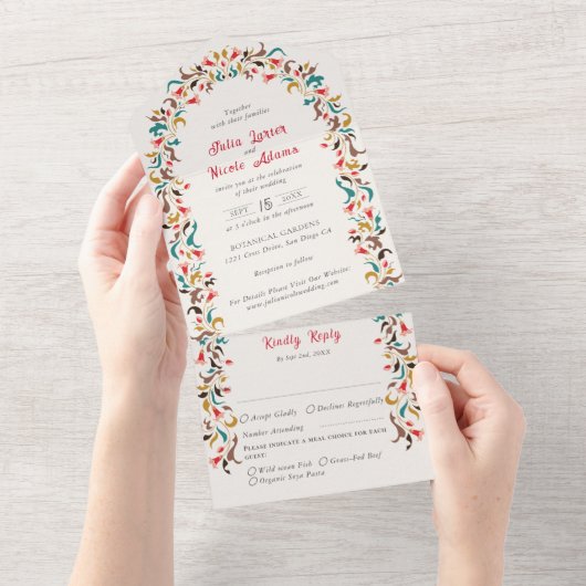 ロマンモダンエレガントティックフローラ結婚リース オールインワン招待状 (貼ってはがせる)