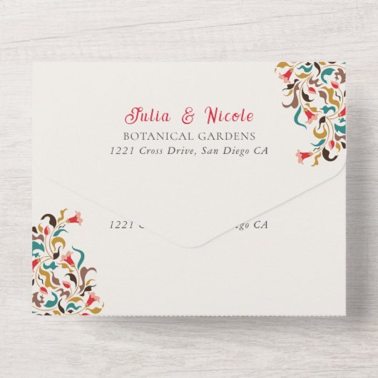 ロマンモダンエレガントティックフローラ結婚リース オールインワン招待状 (裏面)