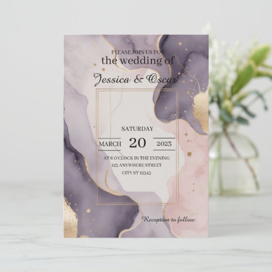 ロマンモダンクウォーターカラー赤面ゴールドフォイル結婚ズ 招待状 (スタンド正面)