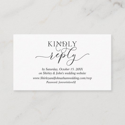 ロマンモダンチック、ブラックスクリプト、オンラインWebサイトRSVP エンクロージャーカード (正面)