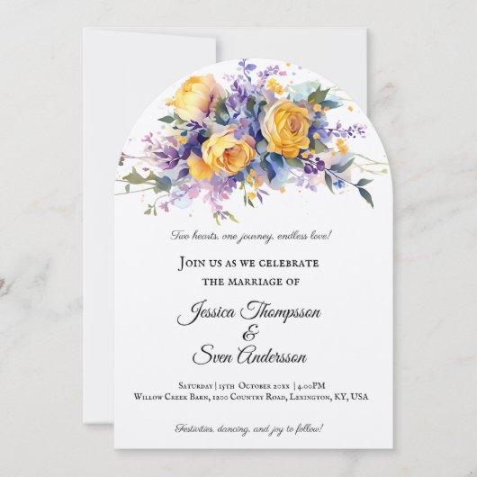 ロマンモダンティイエローローズ開花結婚ズ 招待状 (正面)