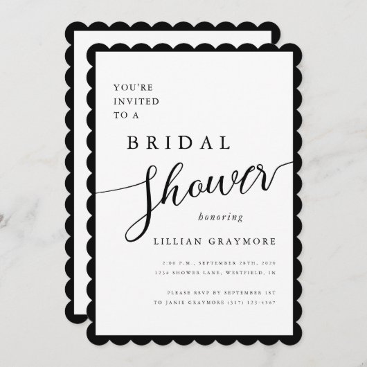 ロマンモダンティスクリプトのスキャロップブライダルシャワー 招待状 (正面/裏面)