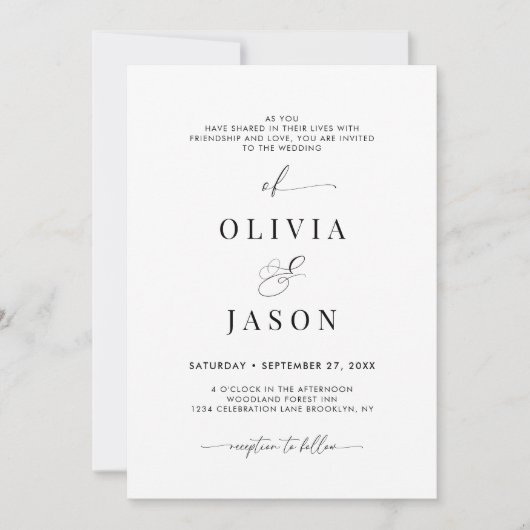 ロマンモダンティスクリプト白黒イニシャル結婚ズ 招待状 (正面)