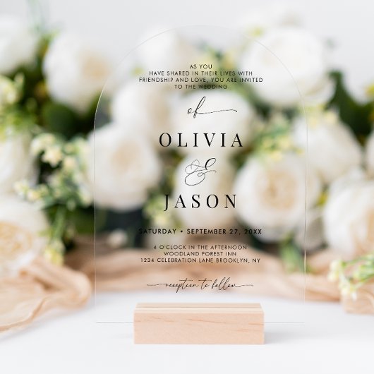 ロマンモダンティスクリプト白黒結婚のアーチ アクリル招待状