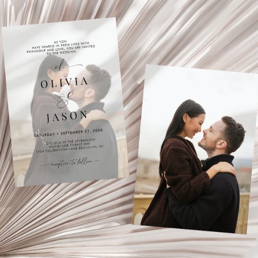 ロマンモダンティスクリプト白黒2写真結婚の 招待状