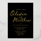 ロマンモダンティックなスクリプトフォイル金ゴールドとブラック結婚ズ 箔招待状 (正面)