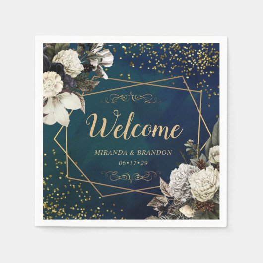 ロマンモダンティックフローラ金ゴールド結婚リース スタンダードカクテルナプキン (正面)