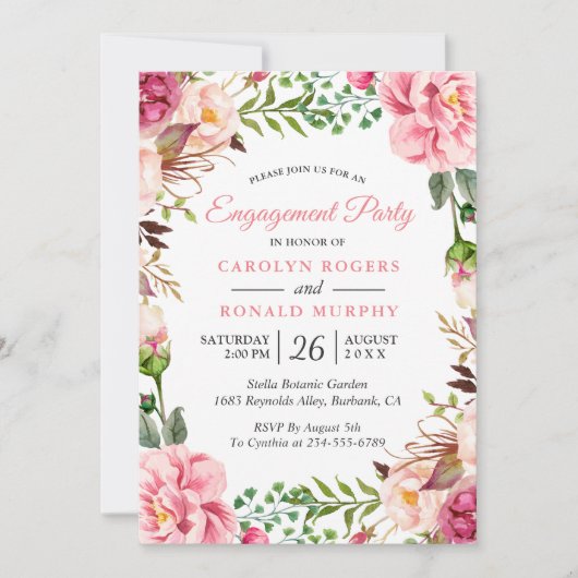 ロマンモダンティック赤面ピンクフローラ婚約パーティ 招待状 (正面)