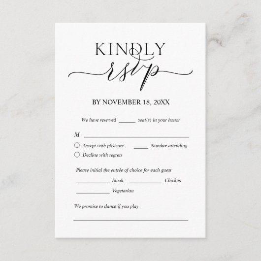 ロマンモダンティック、ブラック、結婚のディナーRSVP エンクロージャーカード (正面)