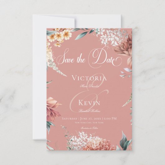 ロマンモダンティピンクガーデン結婚フローラ セーブザデート (正面)
