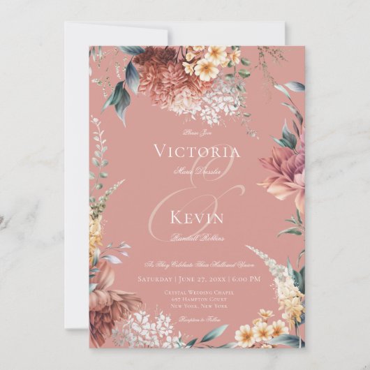 ロマンモダンティピンクガーデン結婚フローラ 招待状 (正面)