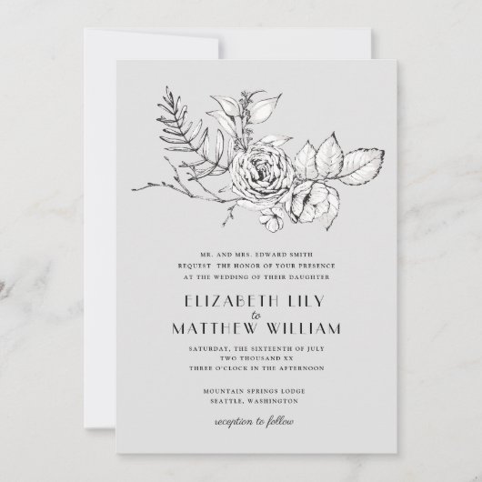 ロマンモダンティワイルドフラワーグレー結婚式招待状 招待状 (正面)